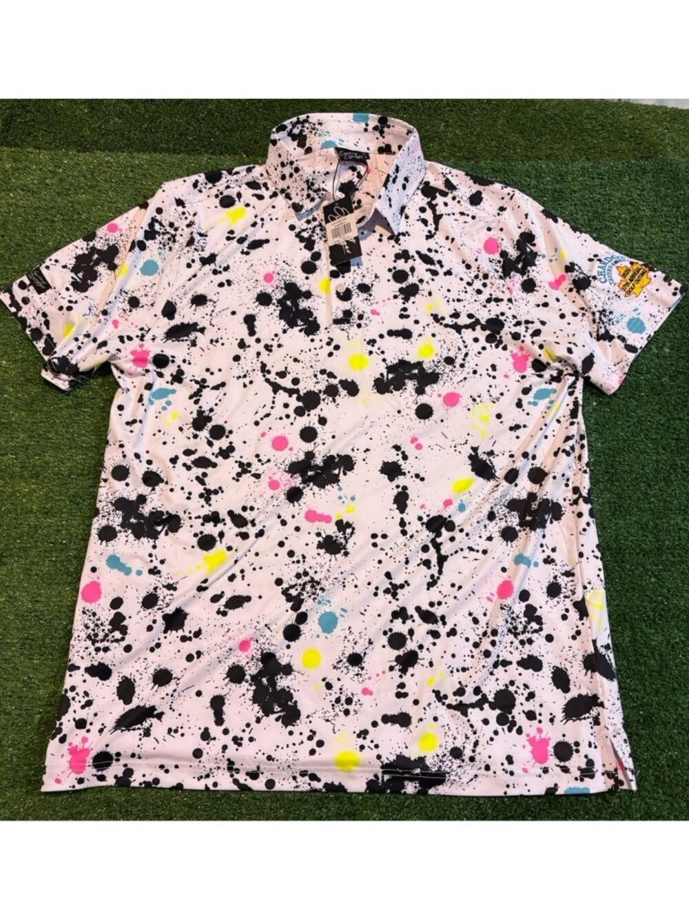Sunday Swagger polo mens large white black paint splatter lighweight breathable